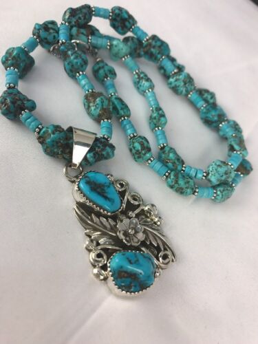 Navajo Kingman Turquoise Nugget Pendant Necklace | Sterling Silver | Multi-Stone | Southwestern Handmade