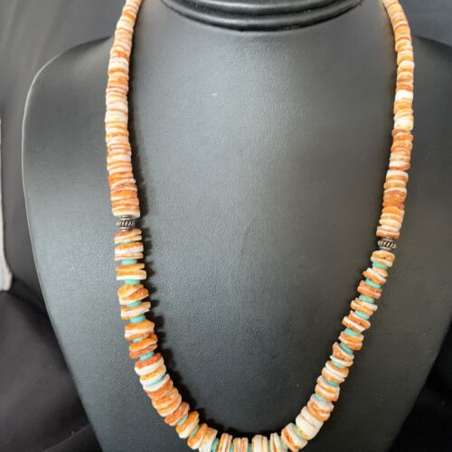 Navajo Turquoise & Orange Spiny Oyster Graduated Necklace | Sterling Silver | Authentic Native American | 20" | 13517