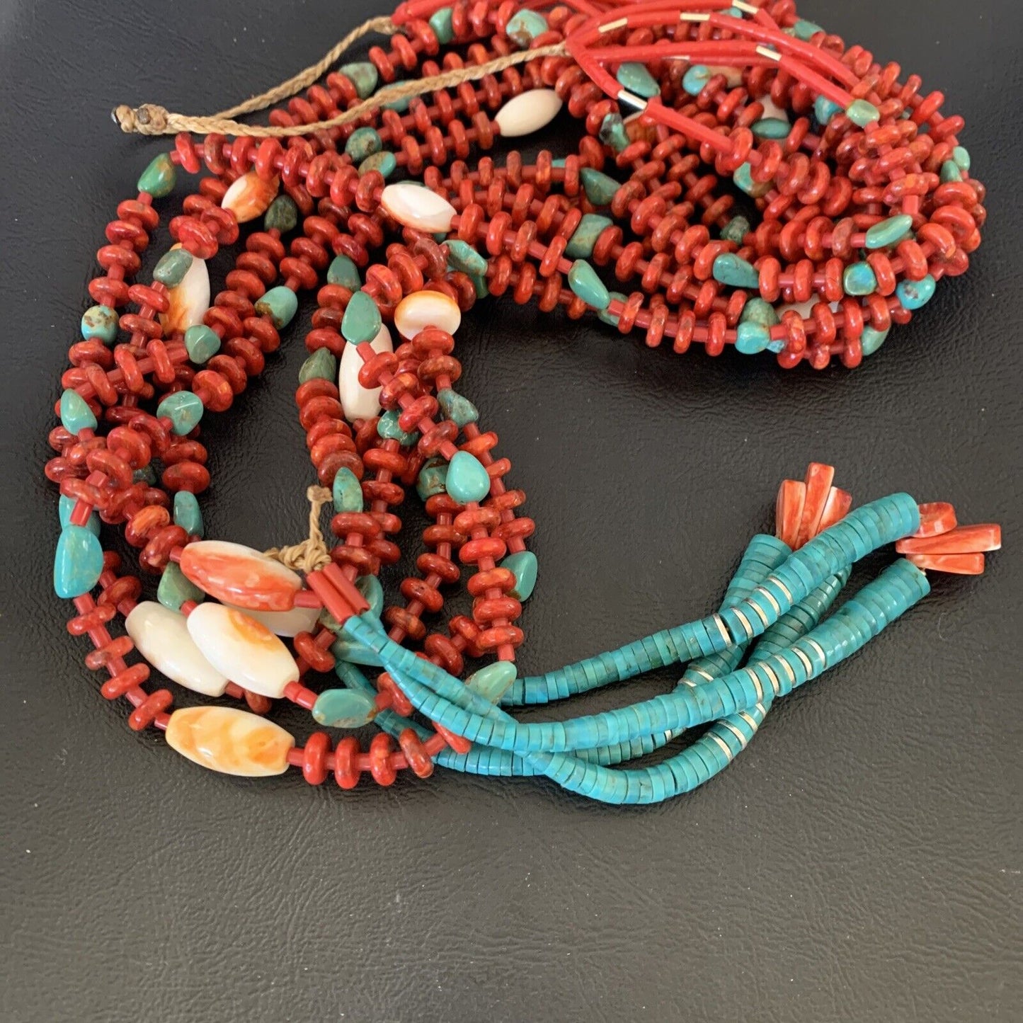 Southwestern Santo Domingo Red Coral Green Turquoise 5-Strand Jacla Necklace | 36" | Native American Handmade | 12053
