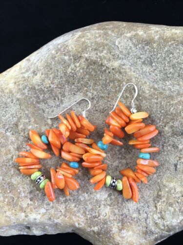 Navajo Orange Coral Turquoise Earrings Set | Sterling Silver | Authentic Native American Handmade | 1784