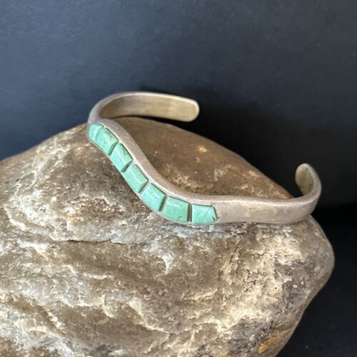 Southwestern Old Pawn Blue Turquoise Inlay Bracelet | Sterling Silver | Authentic Native American Handmade | 14531