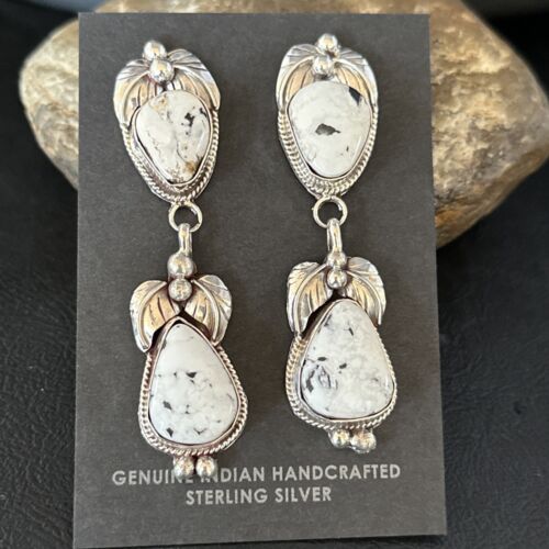 Navajo White Buffalo Turquoise Dangle Earrings | Sterling Silver | 2.5" | Authentic Native American Handmade | 14740