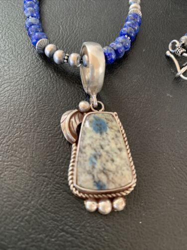 Men's Navajo Pearls Lapis Azurite Pendant Necklace | Sterling Silver | Authentic Native American Handmade | 01928