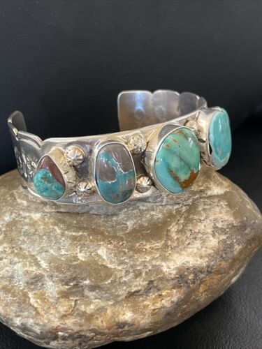 Men's Navajo Blue Turquoise Cuff Bracelet | Sterling Silver | 5 Stones | Authentic Native American Handmade | 01886 - Masha USA