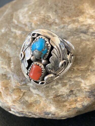 Navajo Feather Ring with Blue Kingman Turquoise, Coral, and Multi-Stone | Authentic Native American Sterling Silver | Sz 11 | 12216