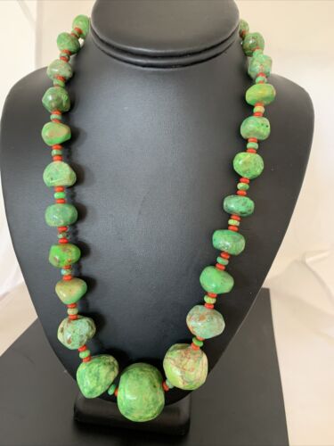Southwestern Chunky Green Turquoise & Coral Necklace | Sterling Silver | Authentic Native American | 18" | 01843