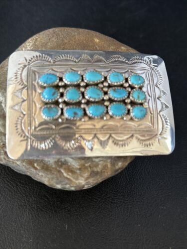 Navajo Blue Kingman Turquoise Concho Belt Buckle | Sterling Silver | Authentic Native American Handmade | 14795
