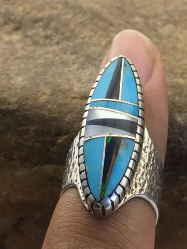 Navajo Multi-Color Opal & Turquoise Inlay Ring | Sterling Silver | Sz 8 | Authentic Native American Handmade | 1611