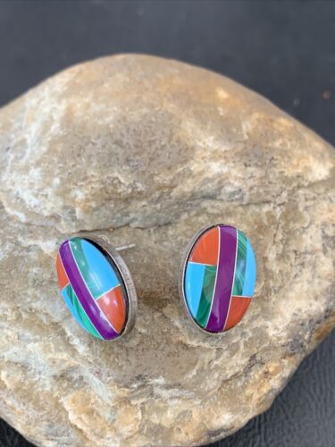 Navajo Multi-Color Turquoise Coral Inlay Earrings | Sterling Silver | Authentic Native American Handmade | 1716