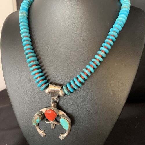 Navajo Sterling Silver Necklace with Blue Turquoise & Coral Naja Pendant | 13746