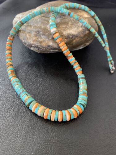 Navajo Green Turquoise & Orange Spiny Oyster Graduated Heishi Necklace | Sterling Silver | Authentic Native American | 20" | 11774