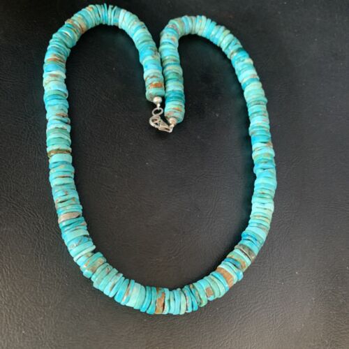 Men's Navajo Blue Turquoise Heishi Bead Necklace | Sterling Silver | 20" | Authentic Native American Handmade | 13522