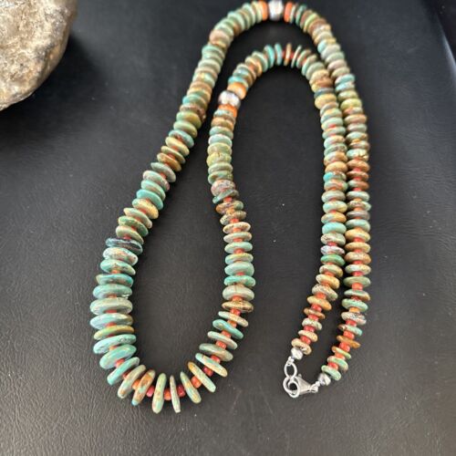 Navajo Turquoise & Red Spiny Oyster Necklace | Sterling Silver | Authentic Native American | 32" | 14382