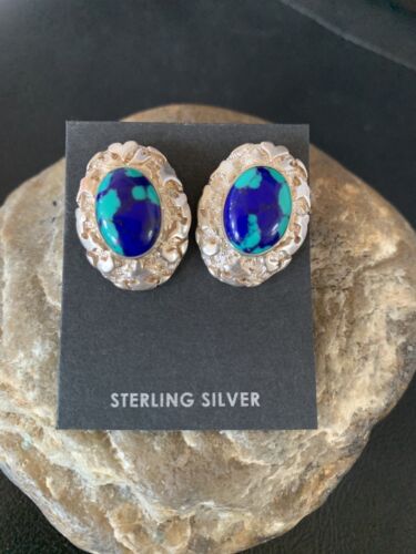 Native American Women's Blue Azurite Nugget Earrings | Sterling Silver | 13016