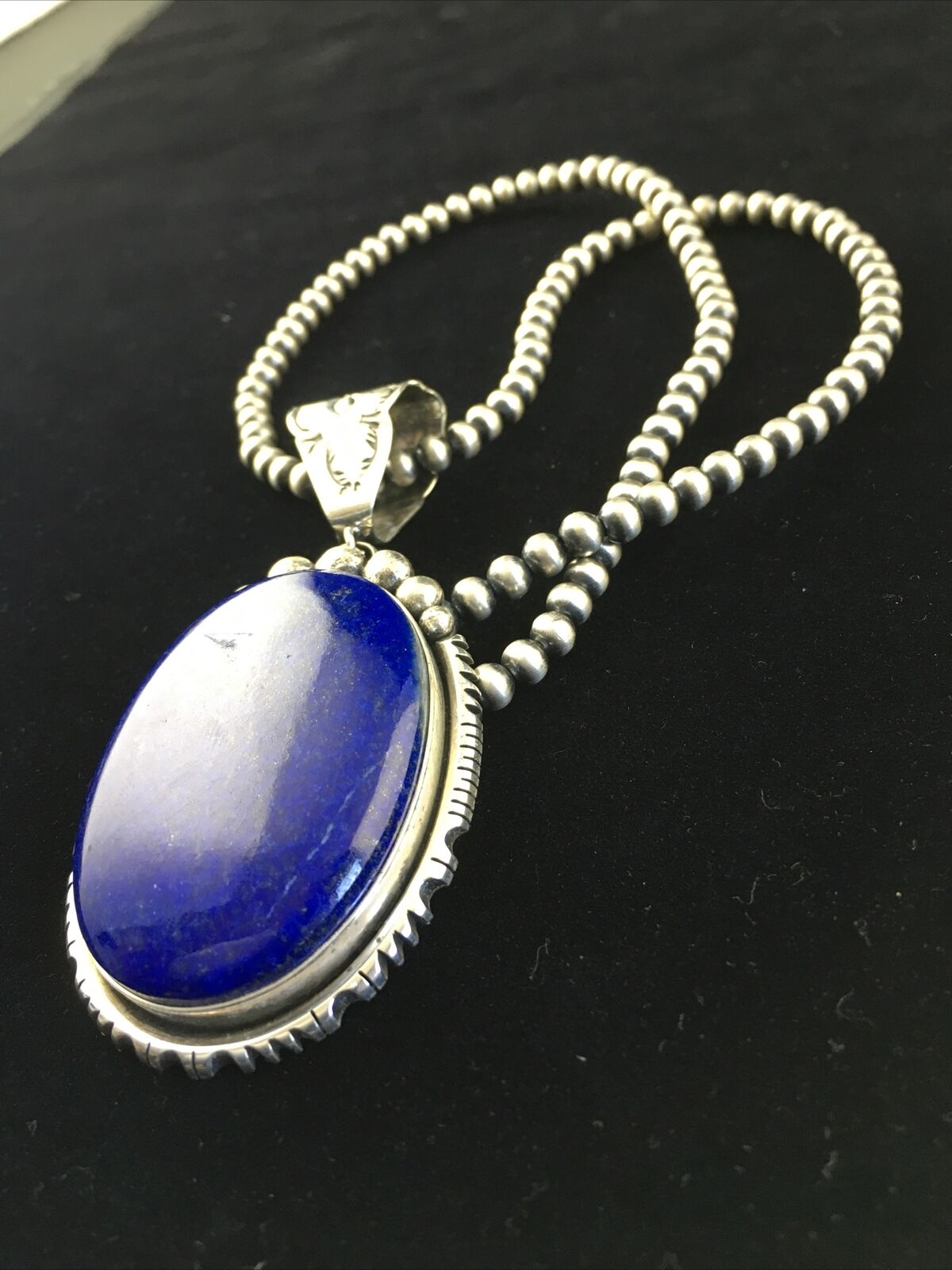 Men's XL Navajo Pearls Necklace Pendant | Sterling Silver Blue Lapis | Authentic Native American Handmade | 10116