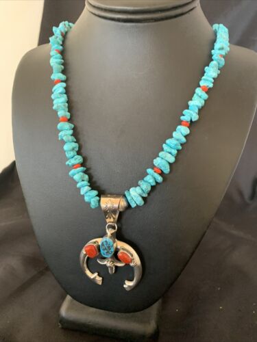 Navajo Sterling Silver Turquoise Coral Pendant Necklace | Authentic Native American Handmade | 11697