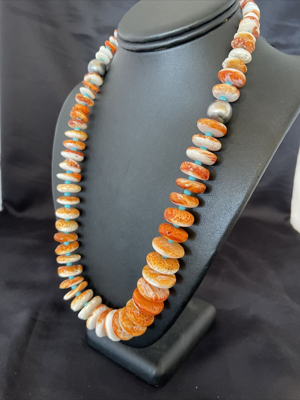 Authentic Native American Navajo Turquoise & Orange Spiny Oyster Necklace | Sterling Silver | Graduated | 22" | 10588