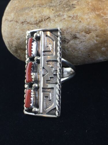 Navajo Red Coral Ring | Sterling Silver | Sz 9 | Authentic Native American Multi-Stone | 10092