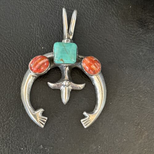 Navajo Blue Turquoise Red Spiny Oyster Naja Pendant | Sterling Silver | Authentic Native American Handmade | 14679