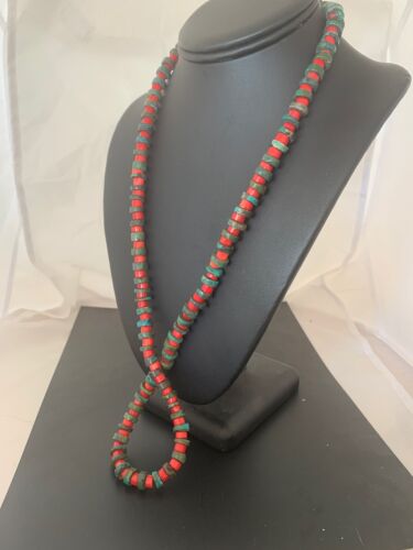 Navajo Turquoise & Coral Heishi Bead Necklace | Sterling Silver | 21" | Authentic Native American Handmade | 4757