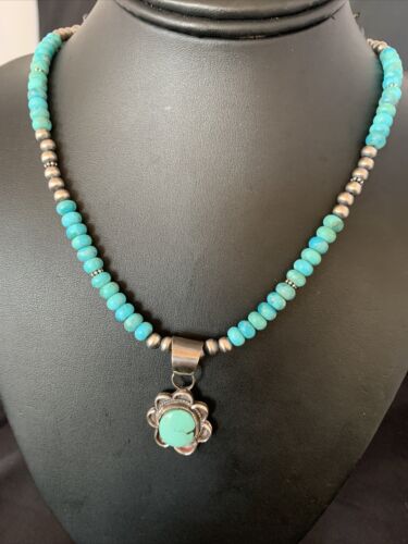 Navajo Blue Turquoise Pendant Necklace | Sterling Silver Pearls | Authentic Native American Handmade | 13219