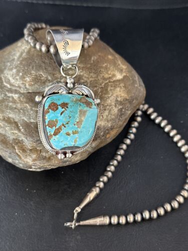 Navajo Pearls Royston Turquoise Necklace Pendant | Sterling Silver | Authentic Native American Handmade | 14802