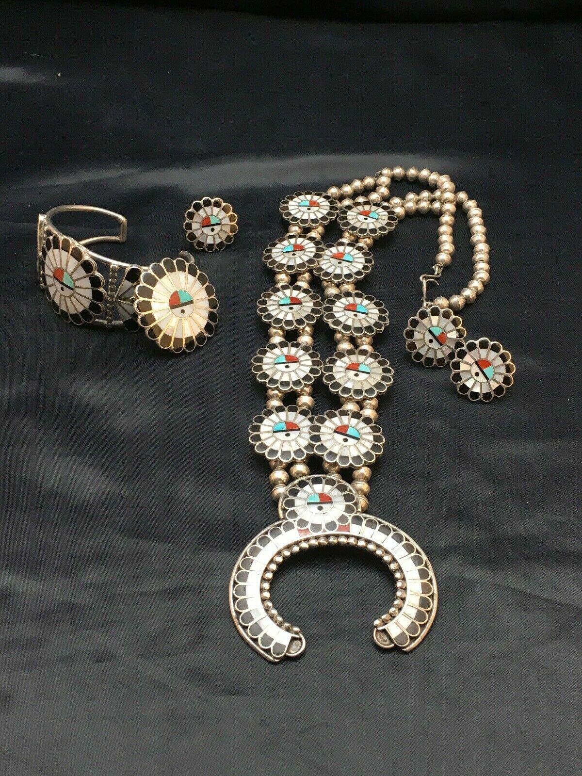 Zuni Native American Inlay Turquoise Squash Blossom Necklace Set | Sterling Silver | 2520