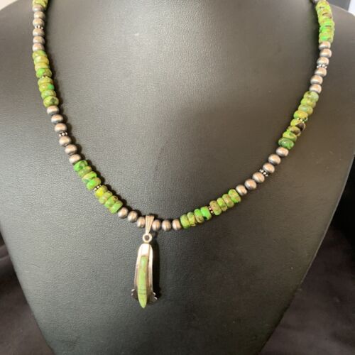 Navajo Green Gaspeite Turquoise Inlay Pendant | Sterling Silver | Authentic Native American Handmade | 13268