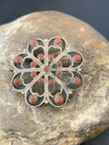 Old Pawn Zuni Sterling Silver Turquoise Red Coral Brooch Pin | 1.25" | 12558