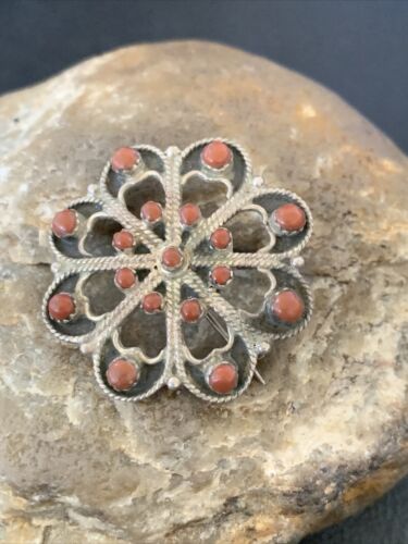 Old Pawn Zuni Sterling Silver Turquoise Red Coral Brooch Pin | 1.25" | 12558