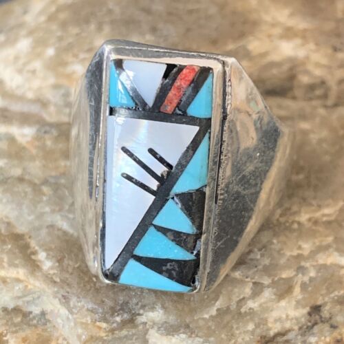 Native American Zuni Men's Spiny Blue Turquoise Inlay Ring | Sterling Silver | Sz 15 | 12424
