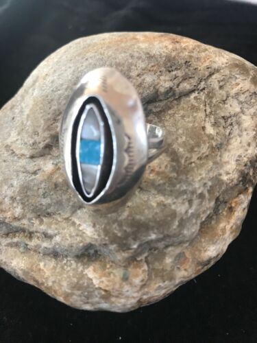 Navajo Kingman Turquoise & Mother of Pearl Ring | Sterling Silver Shadow Box | Sz 9 | 10207