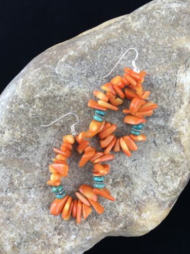 Navajo Orange Coral Turquoise Earrings Set | Sterling Silver | Authentic Native American Handmade | 1776