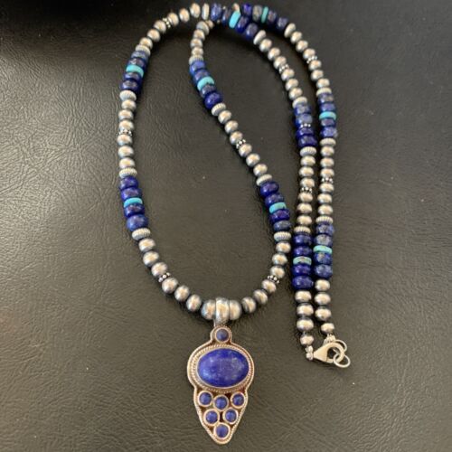 Men's Navajo Pearl Blue Lapis Turquoise Necklace | Sterling Silver | 21" | 12612 | Multi-Stone
