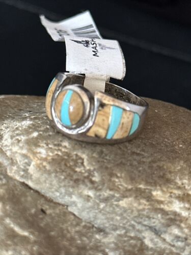 Navajo Picture Jasper Turquoise Inlay Ring | Sterling Silver | Sz 6 | Authentic Native American Handmade | 01706