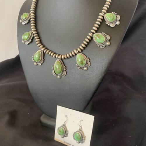 Navajo Sterling Silver Choker Necklace with Sonoran Gold Turquoise Earrings | Authentic Native American Handmade | 11536