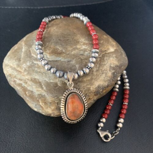 Navajo Red Apple Coral Pendant Necklace | Sterling Silver Beads | Authentic Native American Handmade | 13438