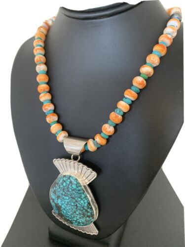 Navajo Spiny Oyster & Spiderweb Turquoise Necklace | Sterling Silver | Authentic Native American Handmade | 1757