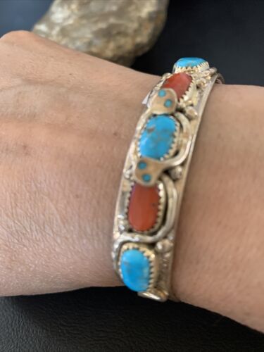 Navajo Sterling Silver Cuff Bracelet | Blue Kingman Turquoise & Coral | 5 Strand | Handmade | 12697