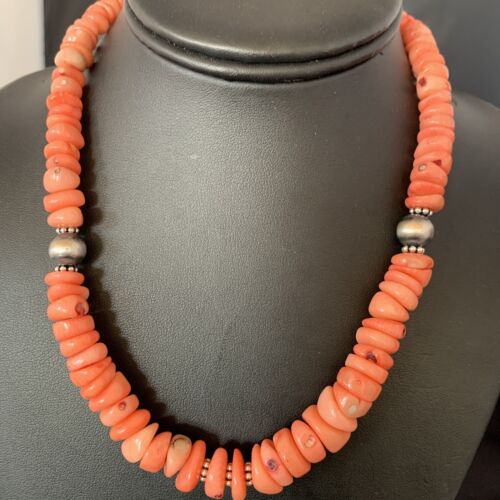 Native American Navajo Pink Coral Bead Necklace | Sterling Silver | 18" | 13231