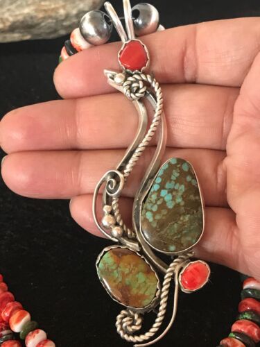Navajo Turquoise #8 & Spiny Oyster Pendant Necklace | Sterling Silver | Native American Handmade | 8646