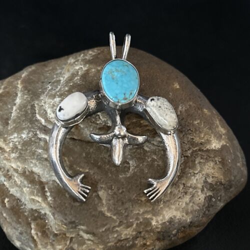 Navajo Blue Kingman Turquoise White Buffalo Naja Pendant | Sterling Silver | Authentic Native American Handmade | 14669