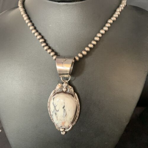 White Buffalo Turquoise Pendant Necklace | Sterling Silver | Navajo | Authentic Native American Handmade | 13991