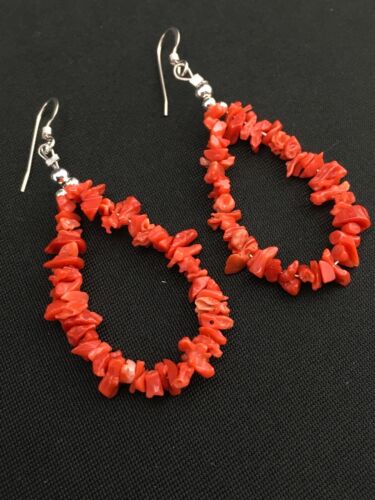 Native American Sterling Silver Navajo Red Coral Earrings | 2" | 1086