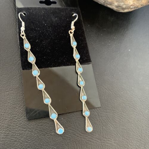 Navajo Green Turquoise Dangle Earrings | Sterling Silver | 3" Long | Authentic Native American Handmade | 12120