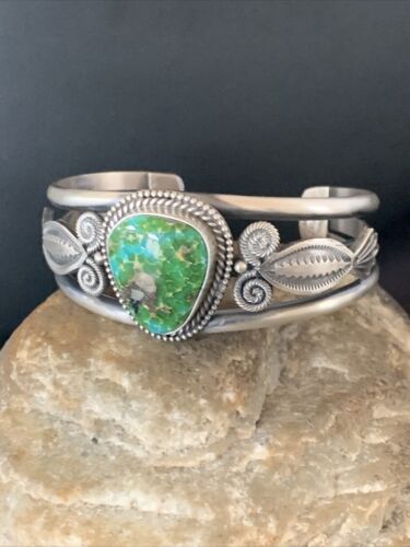 Navajo Green Sonoran Gold Turquoise Cuff Bracelet | Sterling Silver | Authentic Native American Handmade | 13830