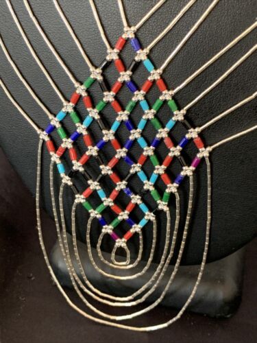 Multi-Color Liquid Silver Heishi Necklace | 7 Strand Sterling Silver Tubes | 18" | 12624