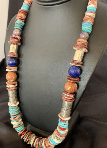 Native American Sterling Silver Necklace | Turquoise, Spiny Oyster, Coral, Lapis | 24" | 11869