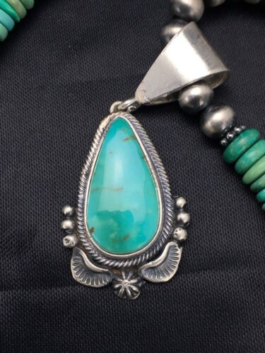 Navajo Green Turquoise Pendant Necklace | Sterling Silver | Authentic Native American Handmade | 2645