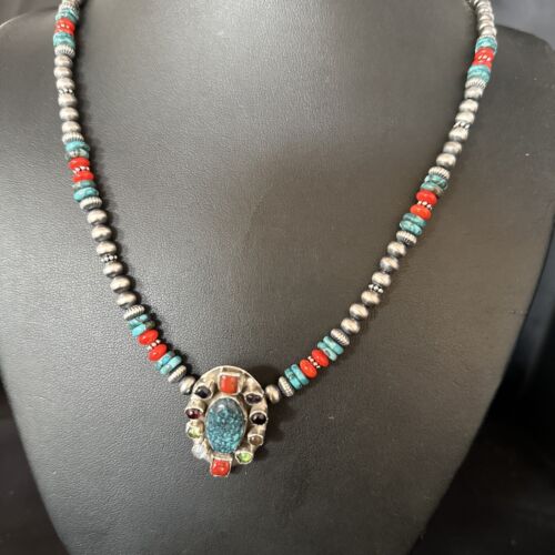 Navajo Multi-Color Blue Turquoise Coral Necklace Pendant | Authentic Native American Sterling Silver | Naja | 14371